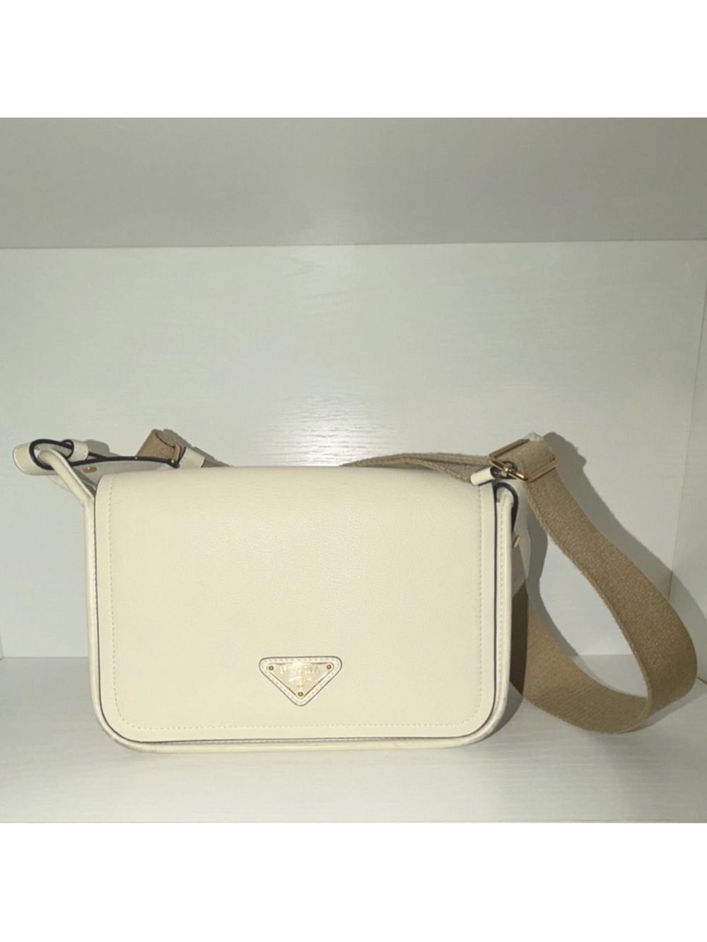 PRADA  Caramel Leather Shoulder Bag with Canvas Strap
